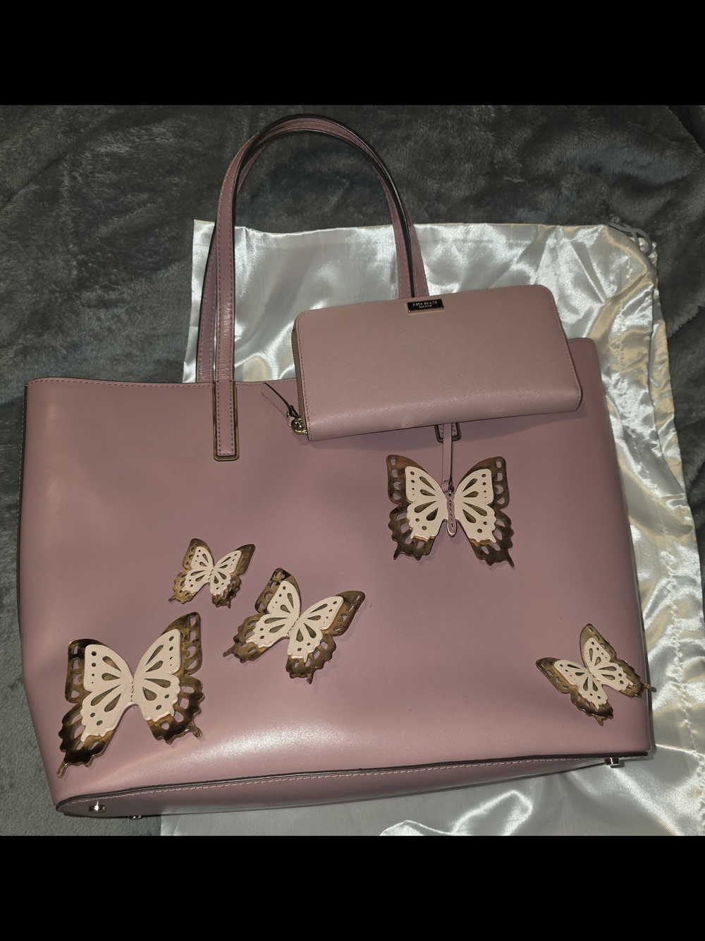 NWOT Kate Spade All The Buzz Butterfly Little Len Tote Abd Wallet In Dusty Peony